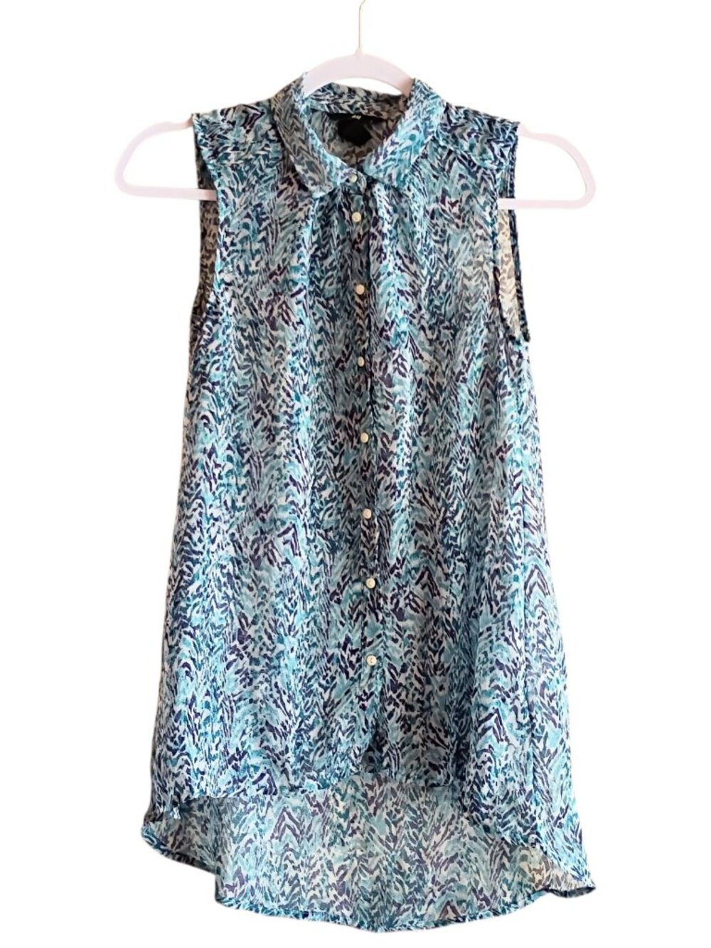 H&M Women's Top Sleeveless High-Low Button Down Blue Purple SheerSz 2